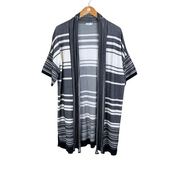 Vince Black & White Stripe Knit Short Sleeve Longline Open Cardigan Sweater - Picture 8 of 12
